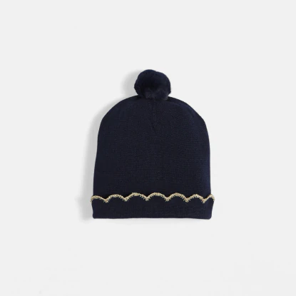 Toddler girl scalloped cap with pompom details